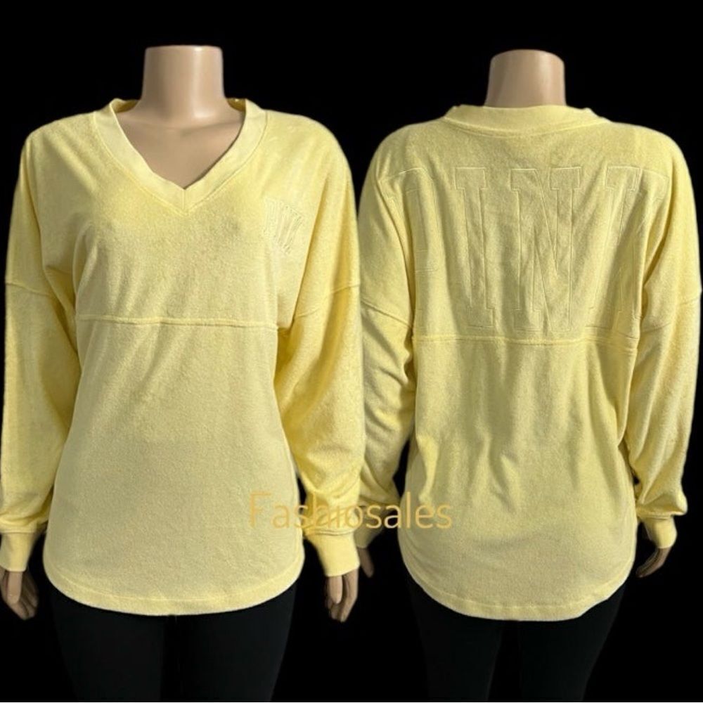 Victoria’s Secret Pink Varsity Terry Cloth V Neck Oversized Pullover Yellow - Picture 9 of 12
